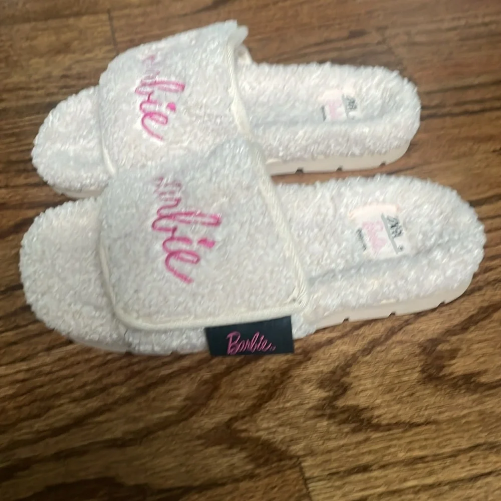 Barbie Zara cream and pink Monogram Slide slippers - worn once